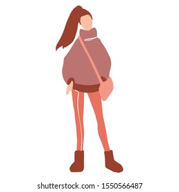 Vector girl in a flat style. Young woman with bag dressed in trendy clothes. Fashion illustration. Beautiful teenager in spring-autumn outfit. Female character. Abstract people image.