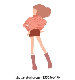 Vector girl in a flat style. Young woman dressed in trendy clothes. Fashion illustration. Beautiful teenager in spring-autumn outfit. Female character. Abstract people image.