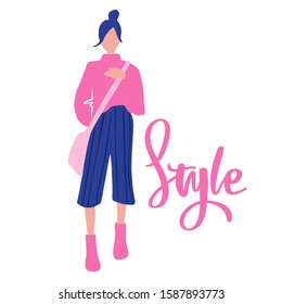 Vector girl in a flat style. Young woman with bag dressed in trendy clothes. Fashion illustration. Beautiful teenager in spring-autumn outfit. Female character. Abstract people image.
