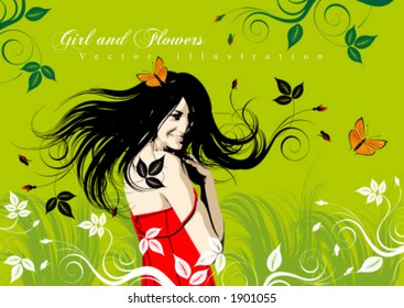 Vector Girl and Flowers
