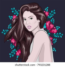 Vector Girl, flowers and leafs