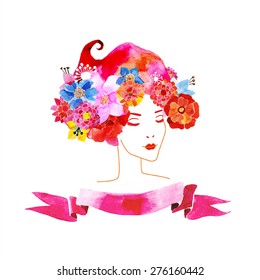 vector girl with flowers and pattern in your hair
