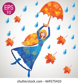 Vector girl flying with umbrella, leaves and water drops