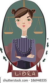 Vector girl in a frame of elements. Libra. Vector illustration 