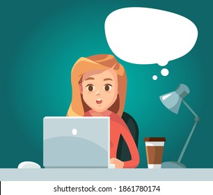 Vektor-Freiberufler sitzend am Arbeitsplatz am Laptop mit Idee Blasebalg Internet surfen.