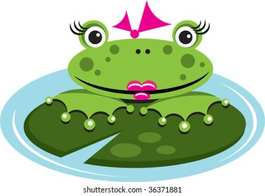 a vector of a girl frog on a lily pad in a pond