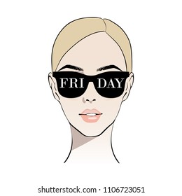 Vector girl in glasses friday. Hello friday. Fashion Beautiful blonde woman face vector illustration. Hand drawn stylish woman in sketch style. Beautiful face. Young model art in vogue style.