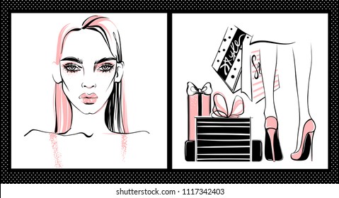 Vector girl in glasses. Stylish woman face. High heels surrounded by shopping bags. Fashion illustration.Female legs in shoes. Trendy Design for sale,discount, advertising, store. Women with packages.