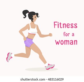 Vector girl goes jogging . Flat, cartoon style woman runs, working out her cardio muscle. fitness, active lifestyle illustration. Print banner poster design element