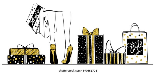 Vector girl in gold high heels surrounded by shopping bags, gift boxes.Fashion illustration.Female legs in shoes.Glitter Design for sale,discount, advertising, store.Vogue style.Women with packages. 