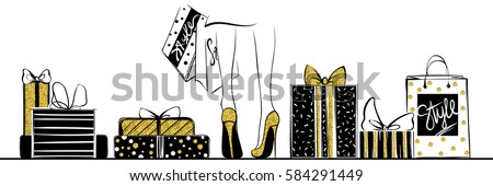 Vector girl in gold high heels surrounded by shopping bags, gift boxes.Fashion illustration.Female legs in shoes.Glitter Design for sale,discount, advertising, store.Vogue style.Women with packages. 
