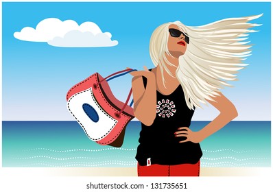 Vector. The girl with the hair on the sea shore