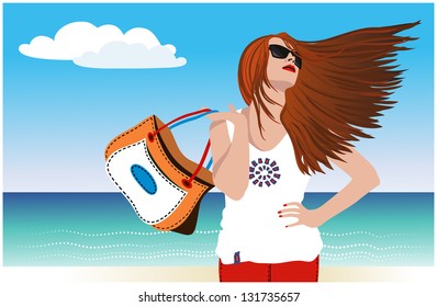 Vector. The girl with the hair on the sea shore