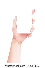 Vector girl hand holding empty space for smartphone. Realistic 3d mockup, high detailed, Isolated illustration template, white background