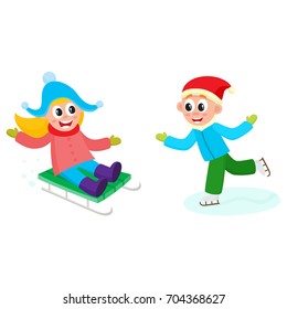 vector girl having fun enjoying sleigh ride, boy riding ice skates set. Flat cartoon isolated illustration. Kid sledding, ride a sledge outdoors. Winter children activity concept