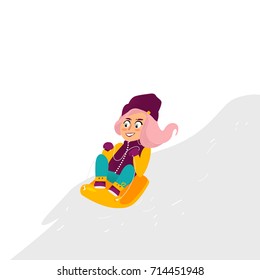 vector girl having fun enjoying sleigh ride. Flat cartoon isolated illustration. Kid sledding, ride a sledge outdoors. Winter children activity concept