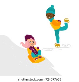 vector girl having fun enjoying sleigh ride, boy riding ice skates set. Flat cartoon isolated illustration. Kid sledding, ride a sledge outdoors. Winter children activity concept