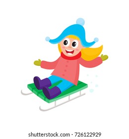 vector girl having fun enjoying sleigh ride. Flat cartoon isolated illustration. Kid sledding, ride a sledge outdoors. Winter children activity concept