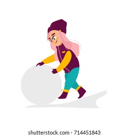 vector girl having fun with snow outdoors. Flat cartoon isolated illustration on a white background. Kid makes big snowball smiling. Winter children activity concept