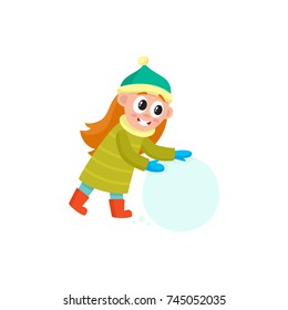 vector girl having fun with snow outdoors. Flat cartoon isolated illustration on a white background. Kid makes big snowball smiling. Winter children activity concept