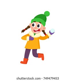 vector girl having fun with snow outdoors. Flat cartoon isolated illustration on a white background. Kid throwing snowballs smiling. Winter children activity concept