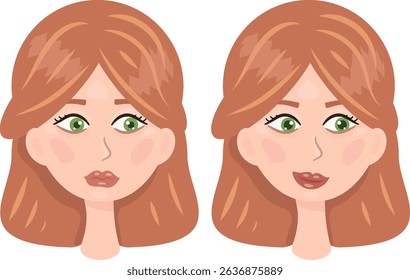 Vector girl head, happy and sad image. Close-up portrait. Cartoon character. Before and after. Sad and happy woman.