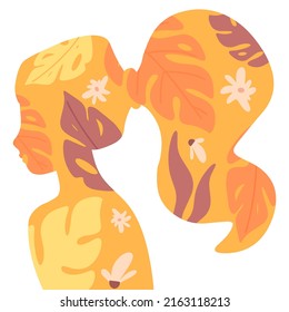 Vector girl head profile silhouette with tropical flowers inside. Mental health, Mindfulness, positive thinking, self care concept design illustration.