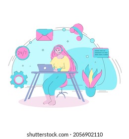 Vector girl in headphones from the support service sits at a table with a laptop. Concept flat illustration customer support, icons of calls, mail, answers to questions for websites, mobile app