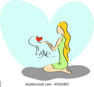 vector girl with heart in hand
