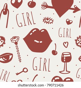 vector girl heart lips doodle pattern