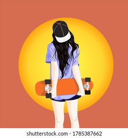 vector of a girl with her skateboard looking on sunset 