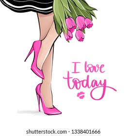 Vector girl in high heels. Fashion illustration. Female legs in shoes. Cute girly design. Trendy picture in vogue style. Fashionable woman. Stylish lady. Girl with flowers.