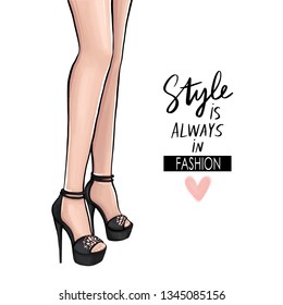 Vector girl in high heels. Fashion illustration. Female legs in shoes. Cute girly design. Trendy picture in vogue style. Fashionable woman. Stylish lady. Style is always in fashion.