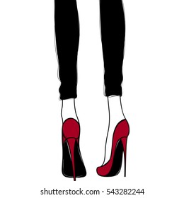 Vector girl in high heels. Fashion illustration. Female legs in shoes. Cute design. Trendy picture in vogue style.