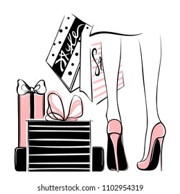 Vector girl in high heels surrounded by shopping bags, gift boxes.Fashion illustration. Female legs in shoes. Trendy Design for sale,discount, advertising, store.Vogue style.Women with packages.