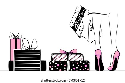 Vector girl in high heels surrounded by shopping bags, gift boxes.Fashion illustration.Female legs in shoes. Trendy Design for sale,discount, advertising, store.Vogue style.Women with packages