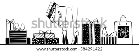 Vector girl in high heels surrounded by shopping bags, gift boxes.Fashion illustration.Female legs in shoes. Trendy Design for sale,discount, advertising, store.Vogue style.Women with packages. 