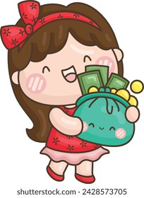 a vector of a girl holding a bag of money