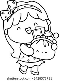 a vector of a girl holding bag of money in black and white coloring