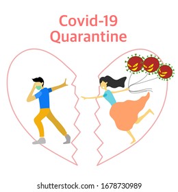 Vector of girl holding Covid-19 or Corona virus in her hand running to her boyfriend but he wants to keep distance. Refer to self-quarantine and heart breaking time.