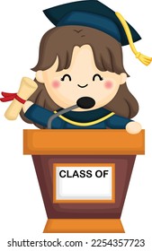 a vector of a girl holding her diploma while giving a speech on a podium