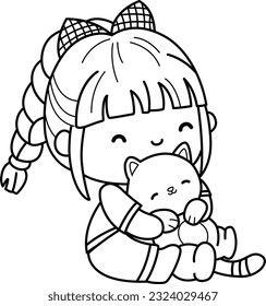 a vector of a girl hugging a cat in black and white coloring