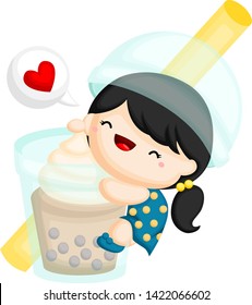 a vector of a girl hugging a giant bubble tea