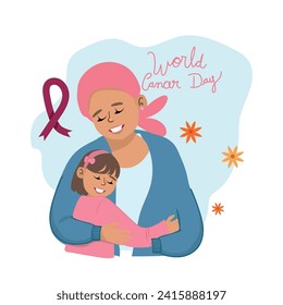 Vector a girl hugs her mother who has cancer with love. world cancer day concept illustration. 