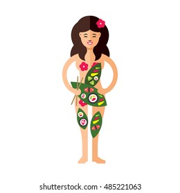 Vector Girl with Japanese sushi rolls. Flat style colorful Cartoon illustration.