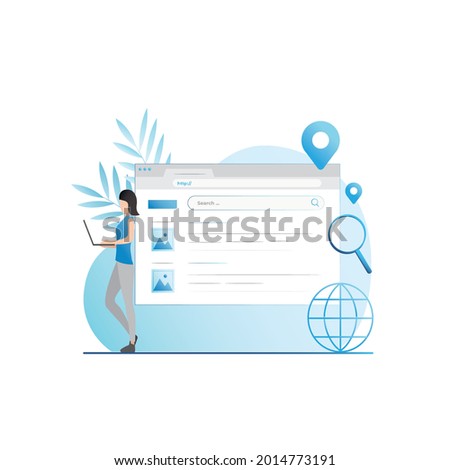Vector girl with laptop, magnifying glass, looks through information, data in search engine on website, pages. Woman enters search query into address bar in browser window. Internet surfing.