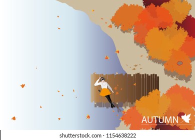 vector girl lay down and listining the music from headphone on wood port on autumn lake background.top view.plan
