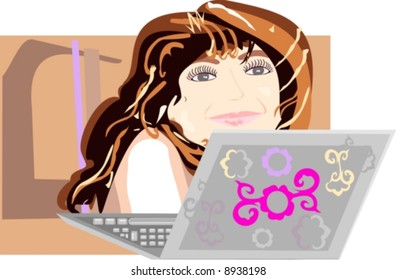 Vector. The girl lay near a computer. A look dreamy.