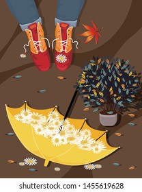Vector of girl legs standing next to pot plant and upside down umbrella with daisies inside,Woman wearing leather boots on footpath with falling maple leaf.  Illustration for the Autumn or Fall sale.
