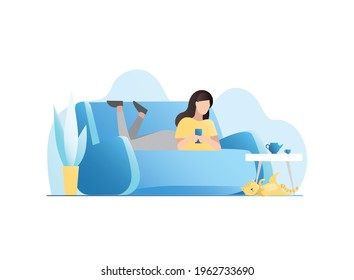 Vector girl lies on couch at home, resting with smartphone on internet with cat. Free time in quarantine, lockdown in apartment, distance learning in cozy atmosphere. Woman lies in chair.